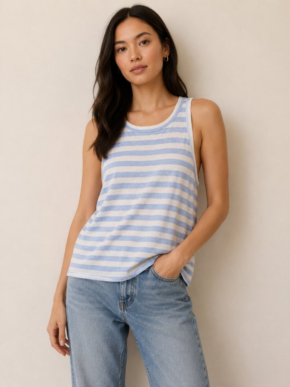 FRAME Blue White Striped Tank Top Size XL Relaxed Sleeveless Coastal 0757
